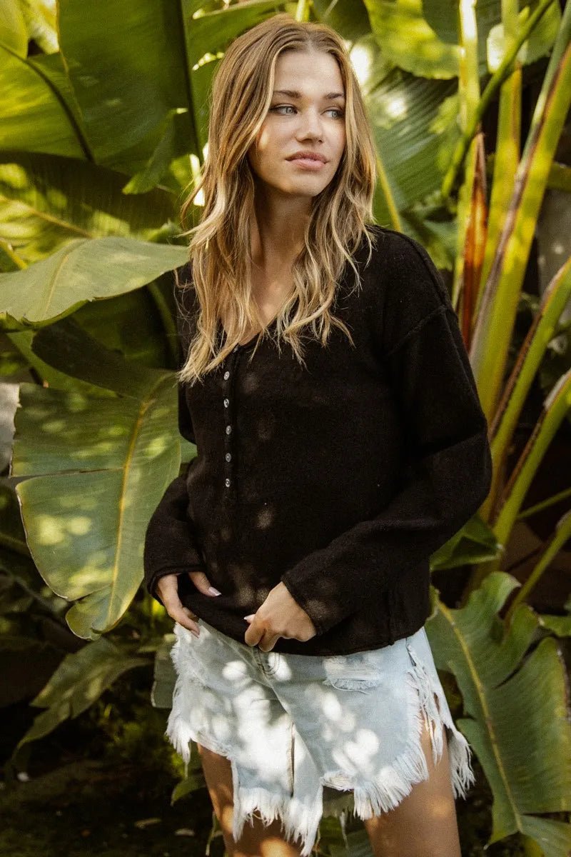 BiBi V Neck Sweater Top With Button Details - JUST - JEN BOUTIQUE