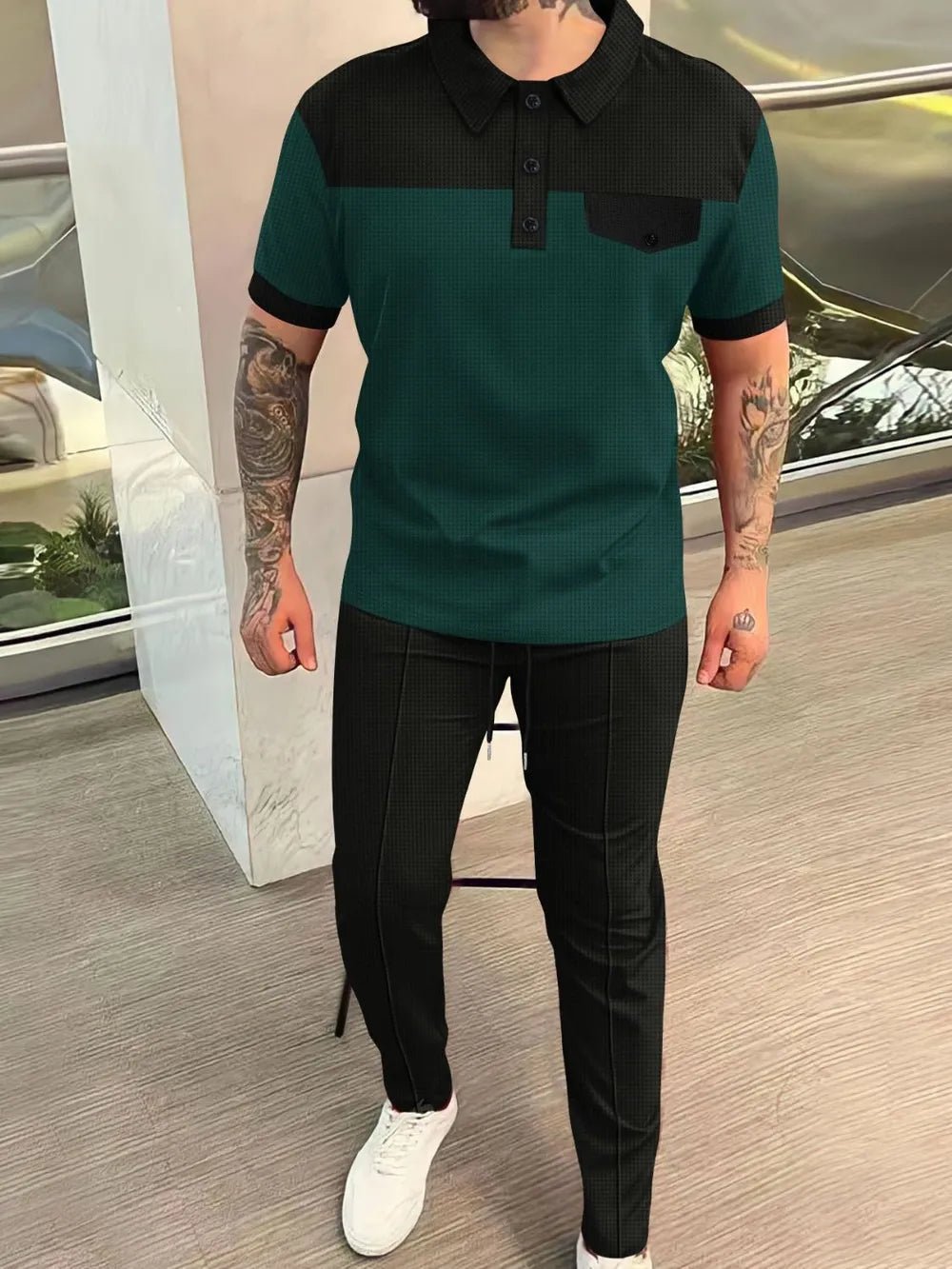Men‘s Full Size Waffle - Knit Contrast Top and Pants Set Plus Size - JUST - JEN BOUTIQUE