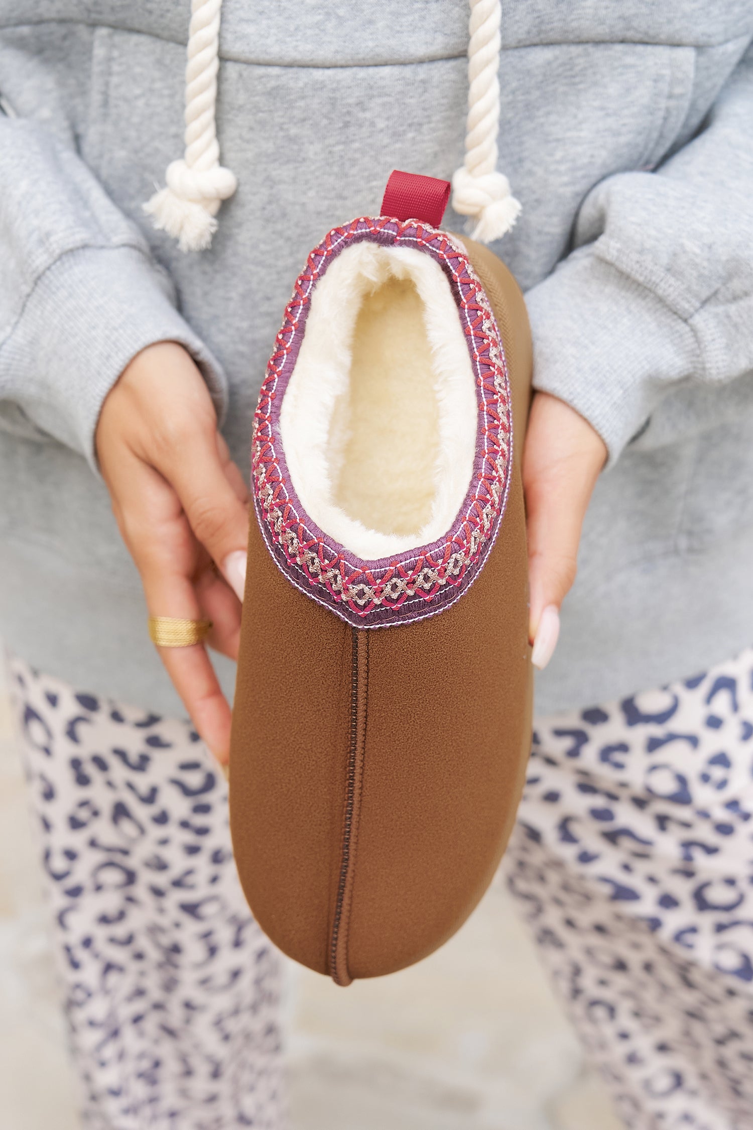 Chestnut Suede Contrast Print Plush Lined Snow Boots