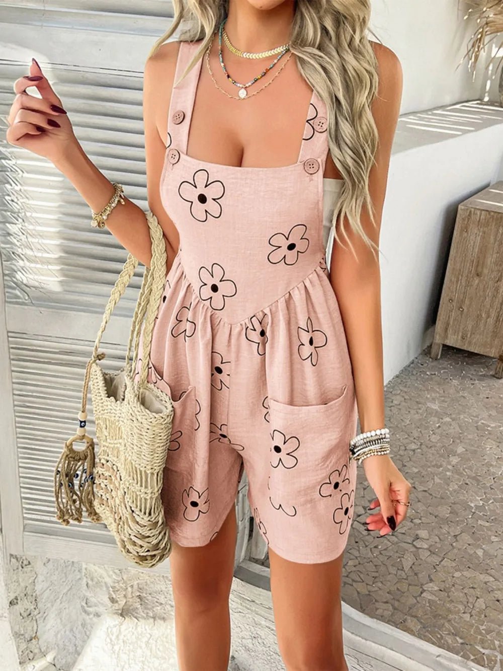 Devine Flower Wide Strap Overalls with Pockets - JUST - JEN BOUTIQUE