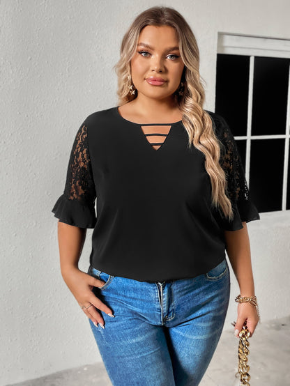 Plus Size Cutout Round Neck Spliced Lace Flounce Sleeve Blouse