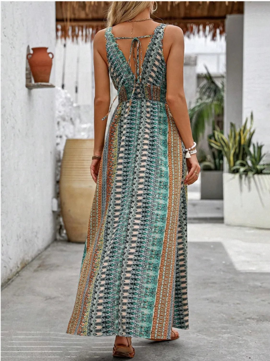 Tied Back Printed Sleeveless Maxi Slit Dress - JUST - JEN BOUTIQUE