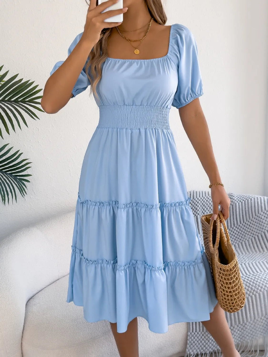 Square Neck Short Puff Sleeve Dress - JUST - JEN BOUTIQUE