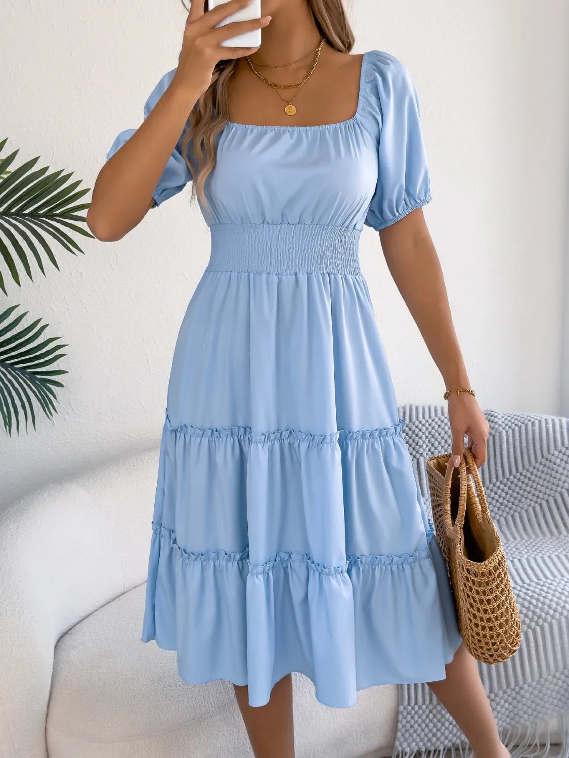Square Neck Short Puff Sleeve Dress - JUST - JEN BOUTIQUE