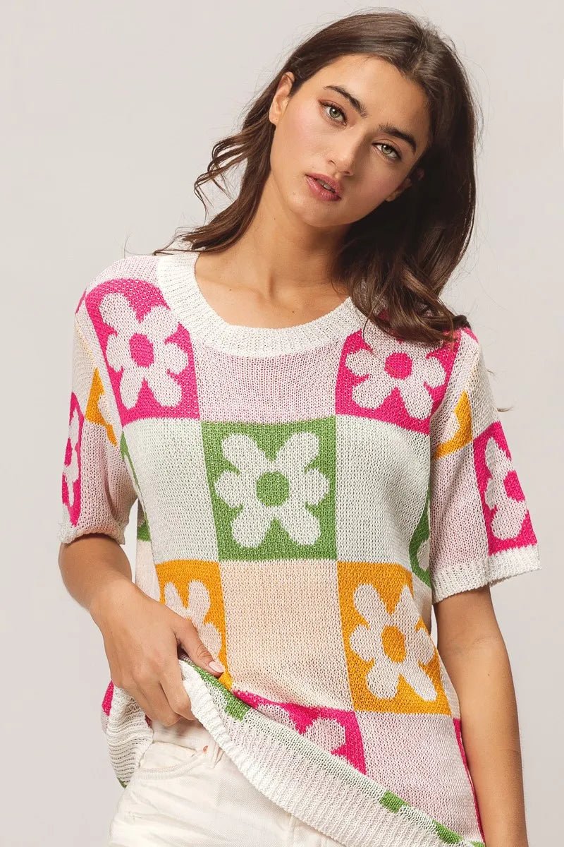 BiBi Flower Checker Pattern Lightweight Sweater Top - JUST - JEN BOUTIQUE