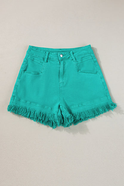 Turquoise Raw Hem Mid Rise Denim Shorts