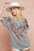 BiBi Stripe Rayon Span Knit Color Block Top With Leopard - JUST - JEN BOUTIQUE