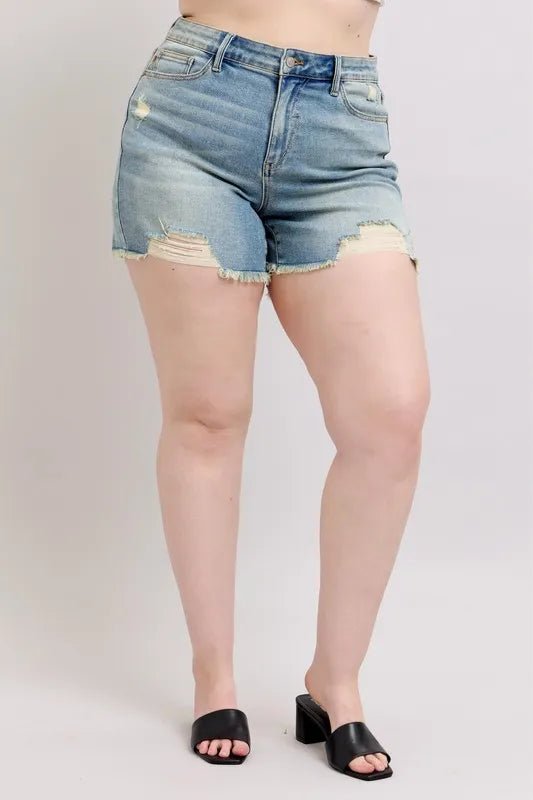 Judy Blue Full Size High Rise Washed Fly Stitch Detail and Destroy Denim Shorts Plus Size - JUST - JEN BOUTIQUE