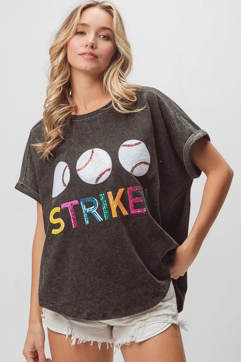 BiBi Sequin Baseballs Strike Washed Short Sleeve Top - JUST - JEN BOUTIQUE