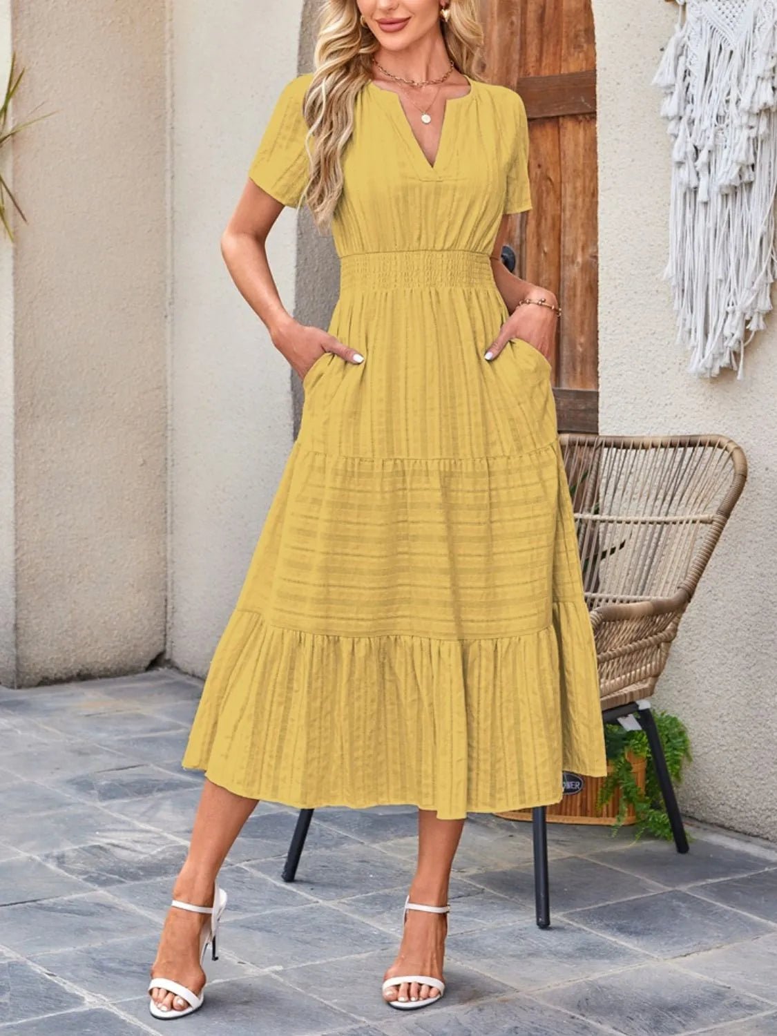 Tiered Notched Short Sleeve Dress - JUST - JEN BOUTIQUE