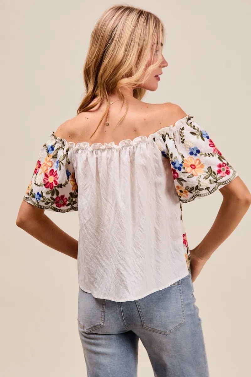 SO ME Floral Embroidered Two Way Off The Shoulder Blouse - JUST - JEN BOUTIQUE