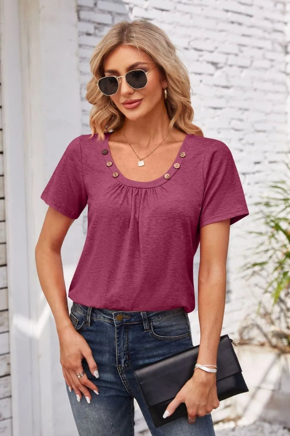 Decorative Button Scoop Neck T-Shirt - JUST - JEN BOUTIQUE