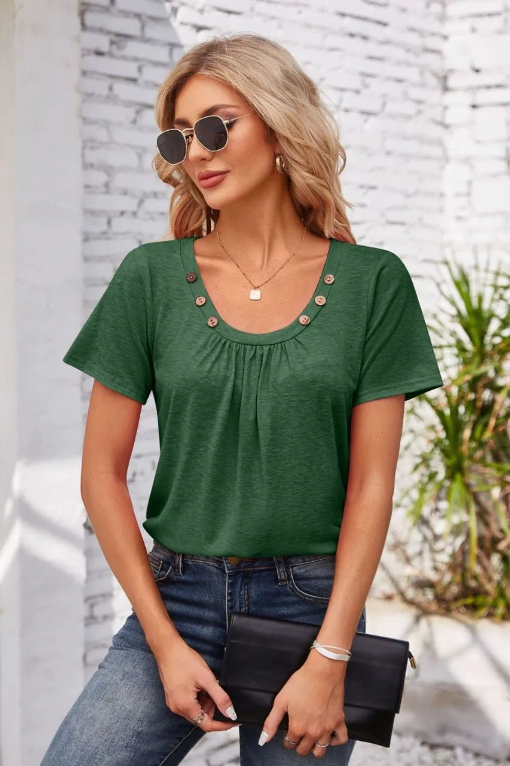 Decorative Button Scoop Neck T-Shirt - JUST - JEN BOUTIQUE