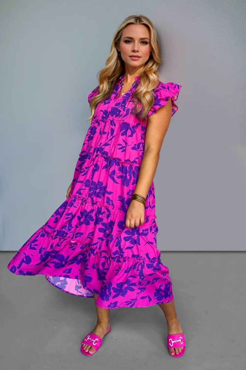 Oh Full Size Ruffled Printed Notched Cap Sleeve Midi Dress - JUST - JEN BOUTIQUE