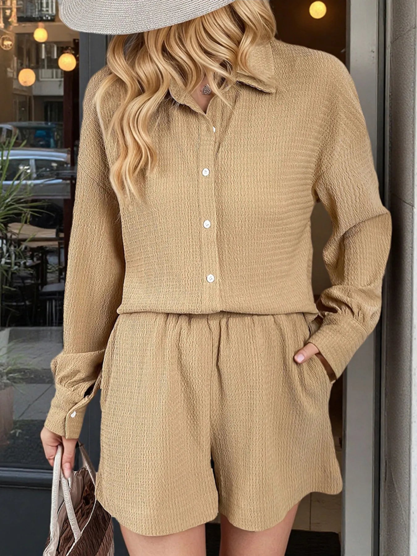 Button Up Long Sleeve Shirt and Shorts Set - JUST - JEN BOUTIQUE