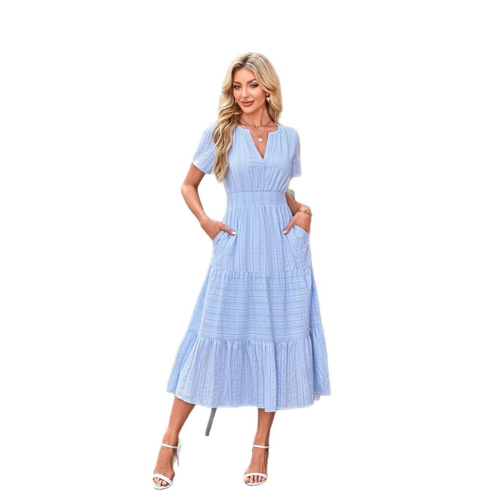 V - neck pleated bubble sleeves large swing short sleeved dress - JUST - JEN BOUTIQUE