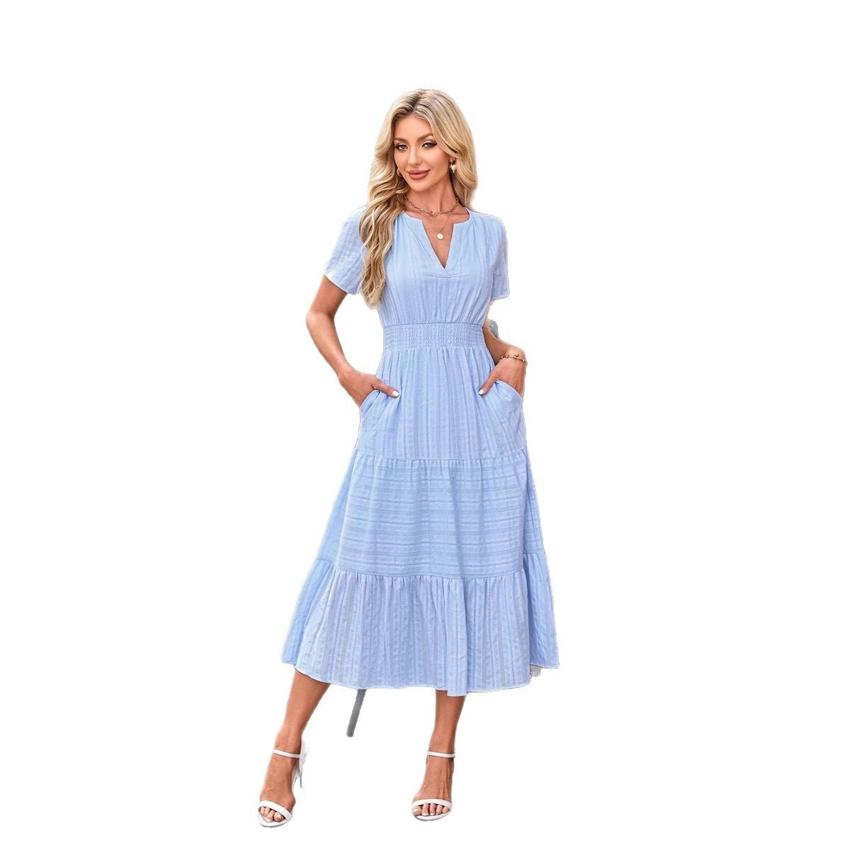 V - neck pleated bubble sleeves large swing short sleeved dress - JUST - JEN BOUTIQUE