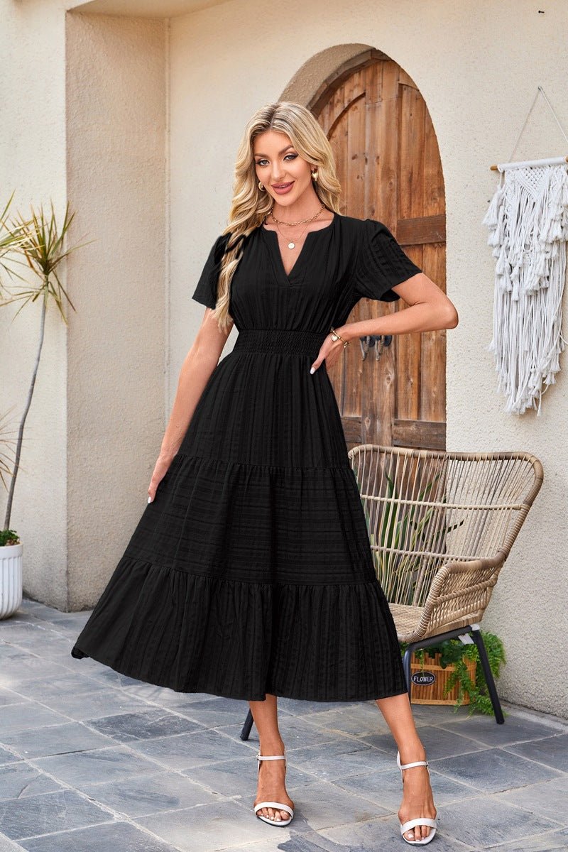 V - neck pleated bubble sleeves large swing short sleeved dress - JUST - JEN BOUTIQUE