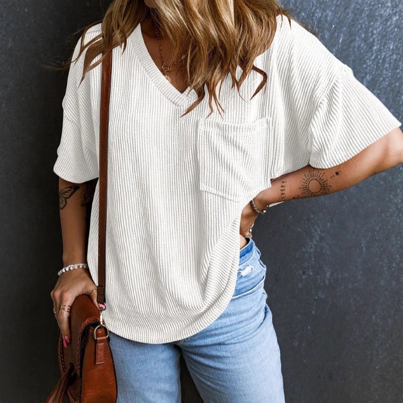 Fashion Two tone Twist Shot Pullover Short Sleeve V - neck Top Women's Shirt - JUST - JEN BOUTIQUE