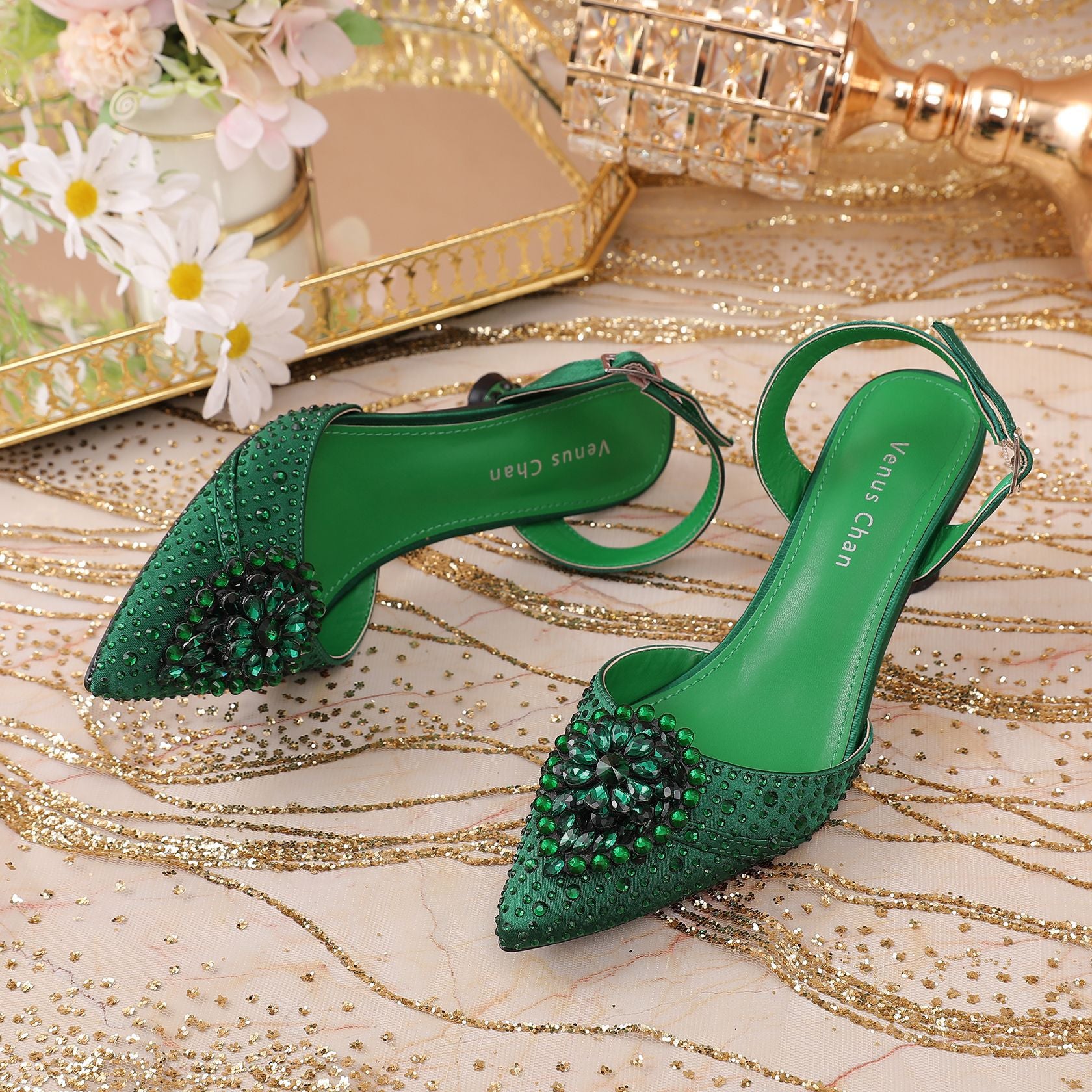 Rhinestone Point Toe Flare Heel Slingback Pumps - JUST - JEN BOUTIQUE