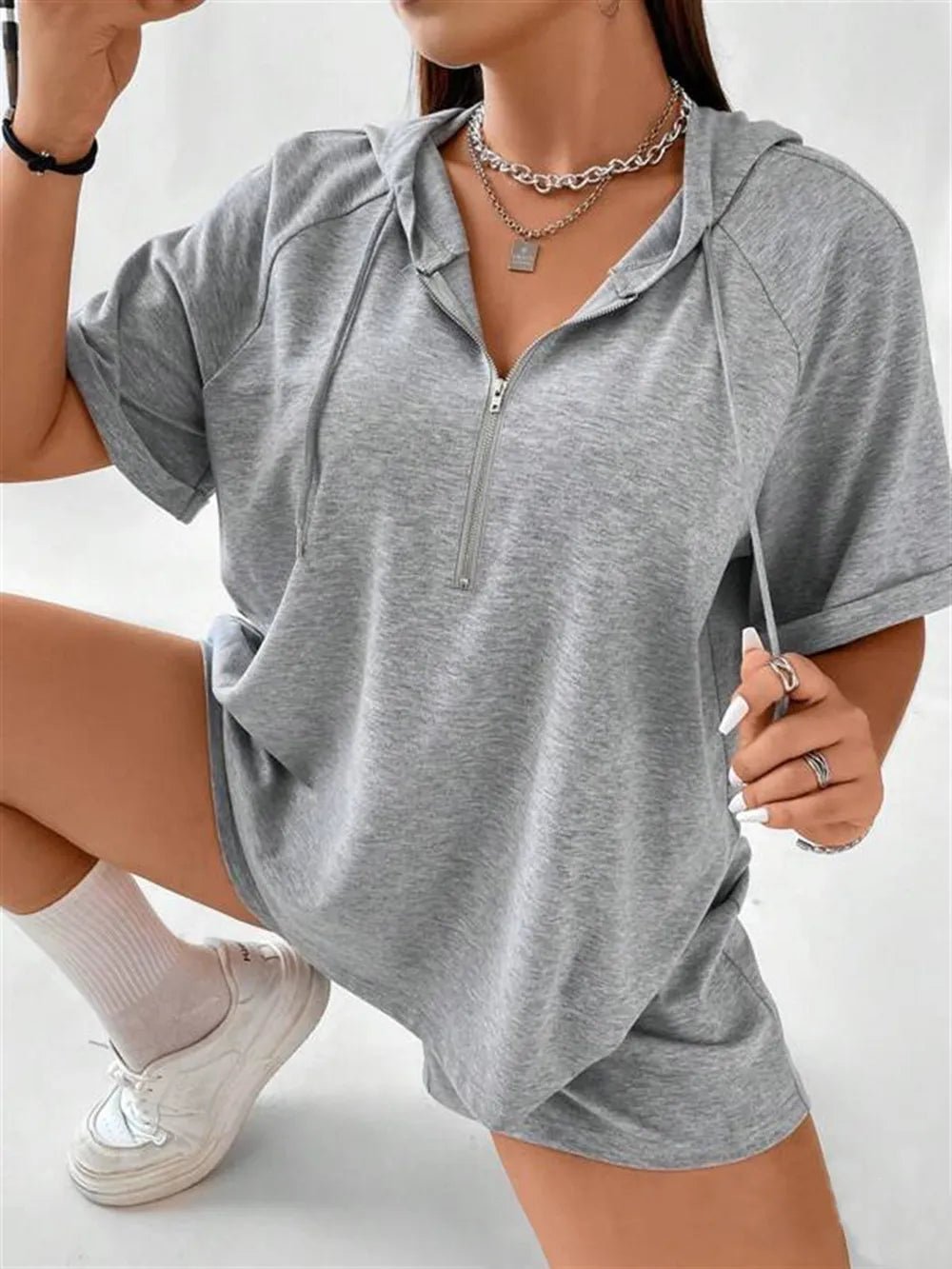 Full Size Drawstring Half Zip Hooded Top and Shorts Set Plus Size - JUST - JEN BOUTIQUE