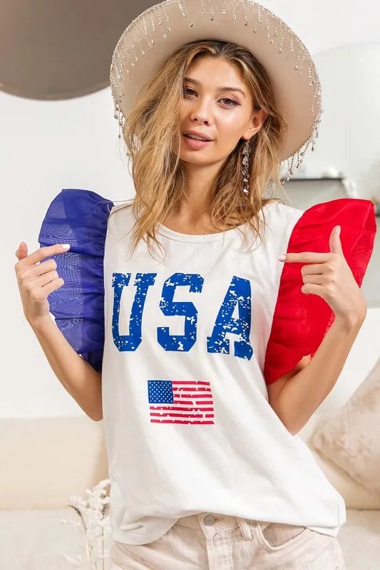 BiBi USA Theme Color Block Organza Ruffle Sleeve Top - JUST - JEN BOUTIQUE