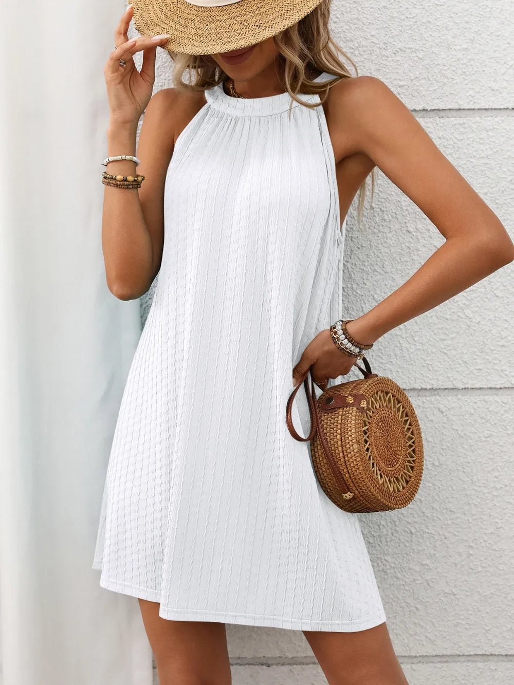 Textured Grecian Neck Mini Dress - JUST - JEN BOUTIQUE