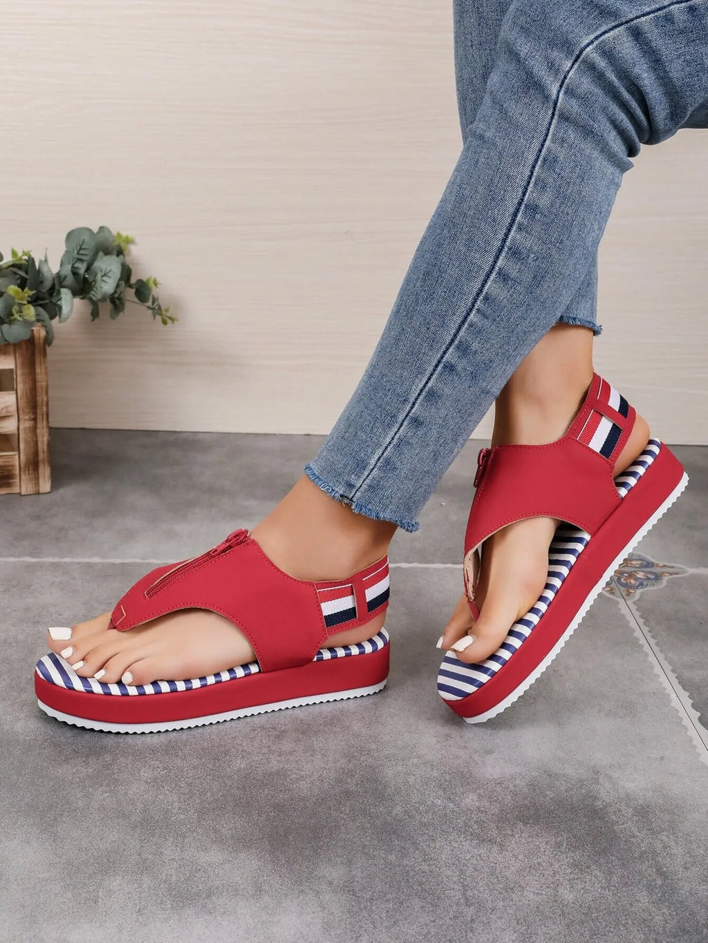 Striped Platform Toe Post Sandals - JUST - JEN BOUTIQUE