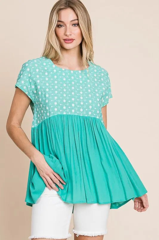 Lime 'N' Chili Full Size Embroidered Short Sleeve Pleated Babydoll Top Plus Size - JUST - JEN BOUTIQUE