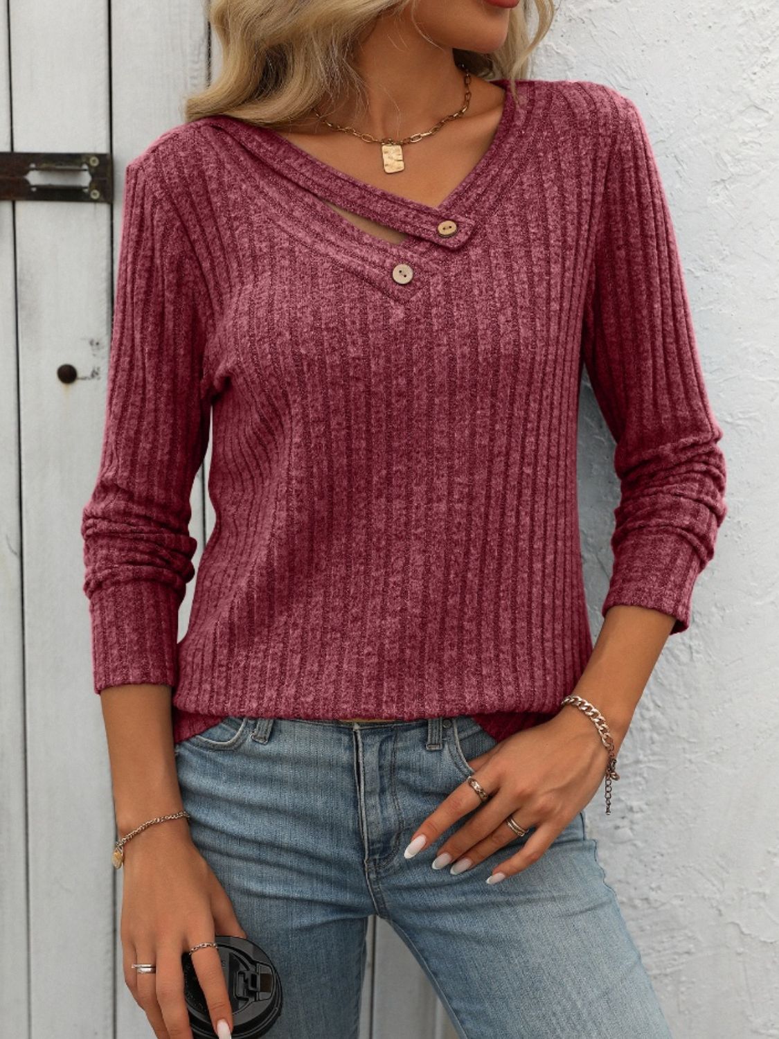 Mandy Ribbed V-Neck Long Sleeve T-Shirt