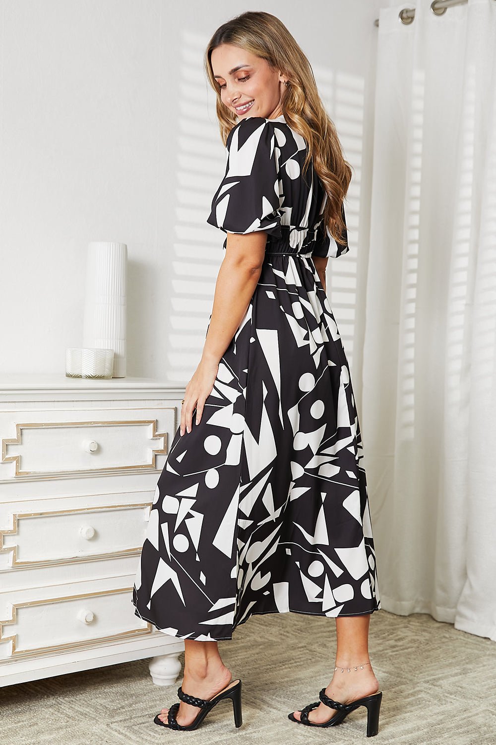 Printed Surplice Balloon Sleeve Dress - JUST - JEN BOUTIQUE
