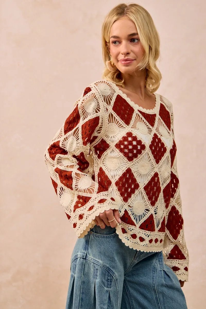 BiBi Diamond Crochet Knit Top - JUST - JEN BOUTIQUE
