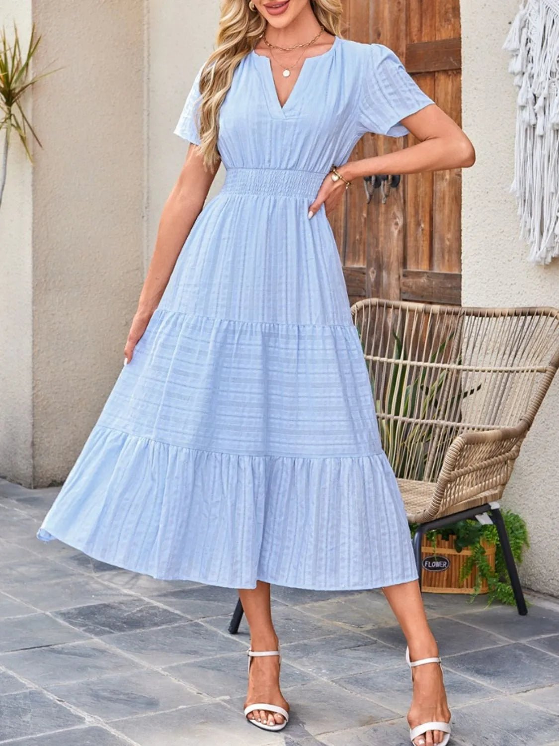Tiered Notched Short Sleeve Dress - JUST - JEN BOUTIQUE