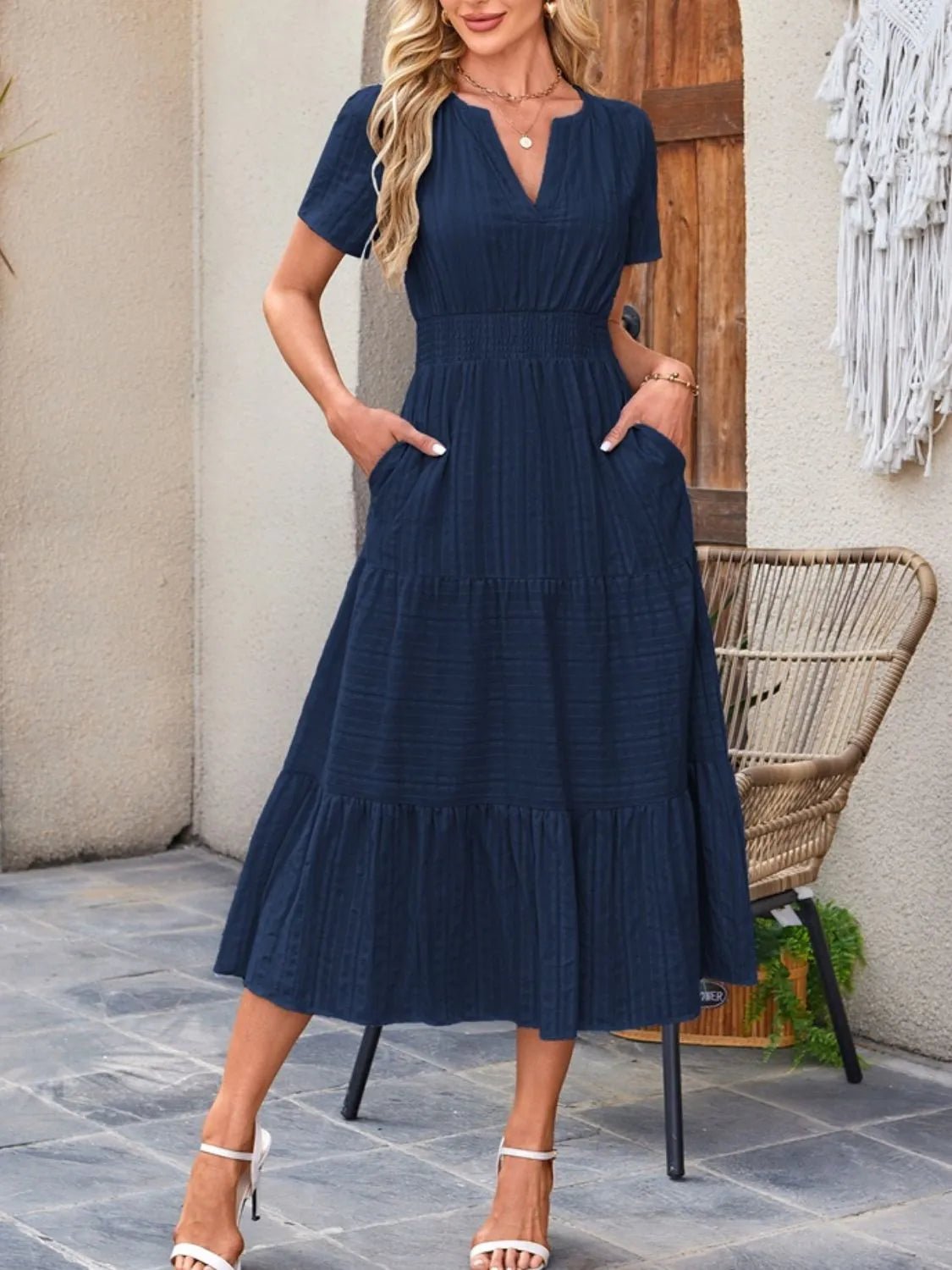 Tiered Notched Short Sleeve Dress - JUST - JEN BOUTIQUE