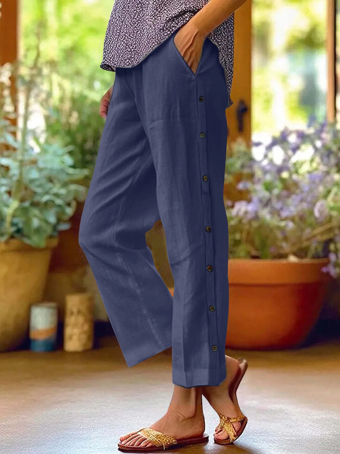 Full Size Side Decor Button Casual Wide Leg Pants Plus Size - JUST - JEN BOUTIQUE