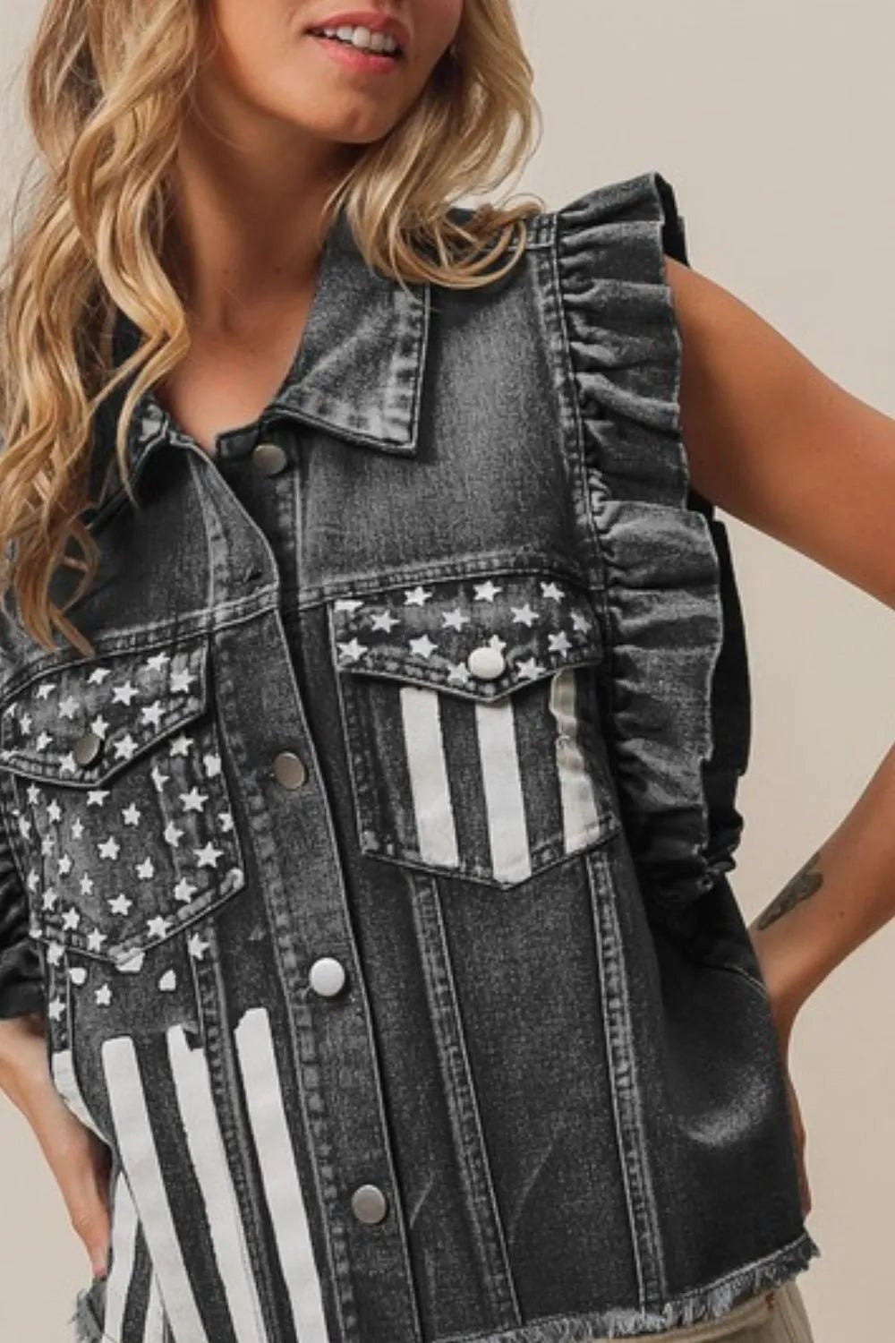 BiBi American Flag Washed Denim Jacket - JUST - JEN BOUTIQUE