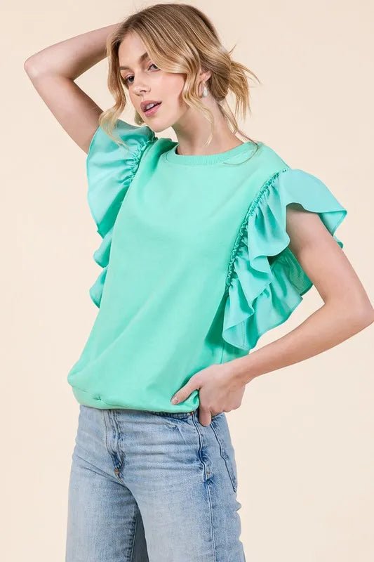 Lime 'N' Chili Solid Shoulder Ruffle Detail Round Neck Top - JUST - JEN BOUTIQUE