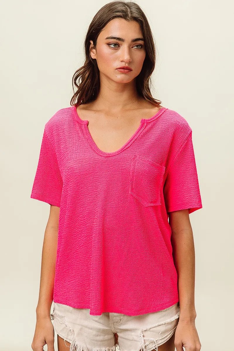 BiBi Waved Rib U Neck Top With Front Pocket - JUST - JEN BOUTIQUE