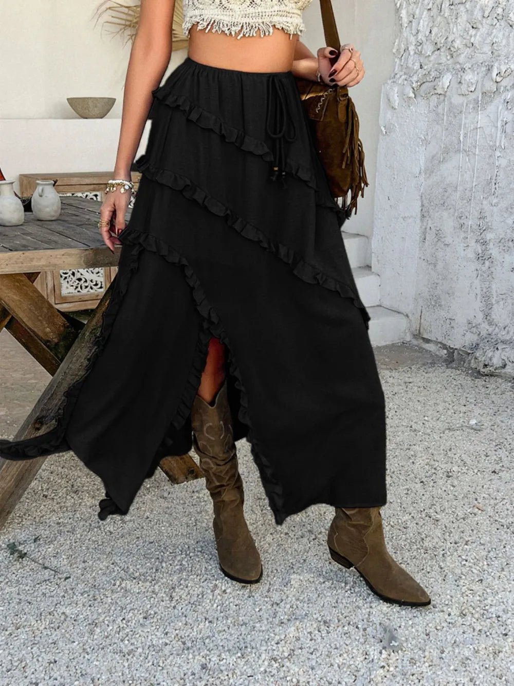 Devine Slit Drawstring Ruffled Skirt - JUST - JEN BOUTIQUE