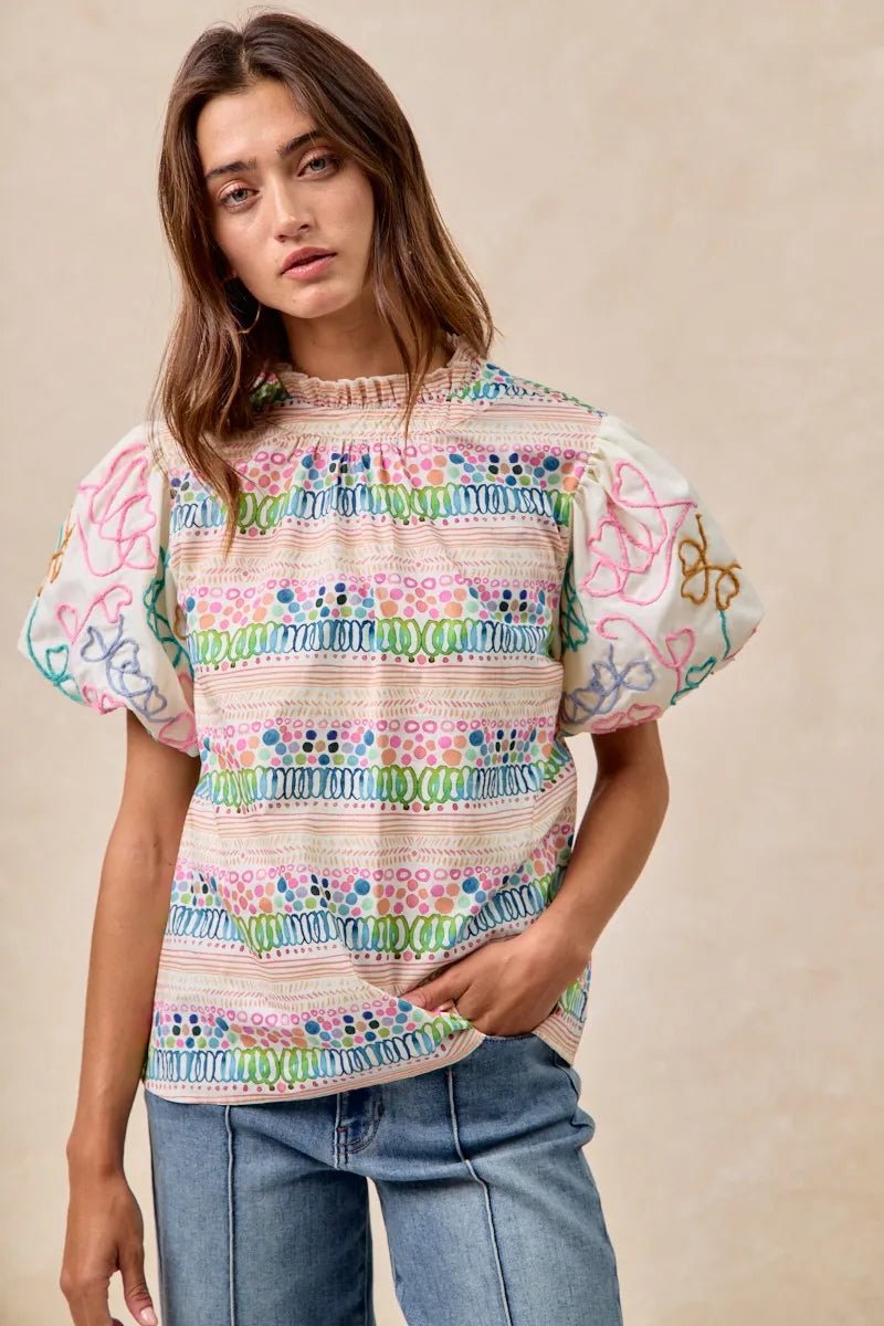 BiBi Ruffle Neckline Blouse With Embroidery Bubble Sleeve - JUST - JEN BOUTIQUE