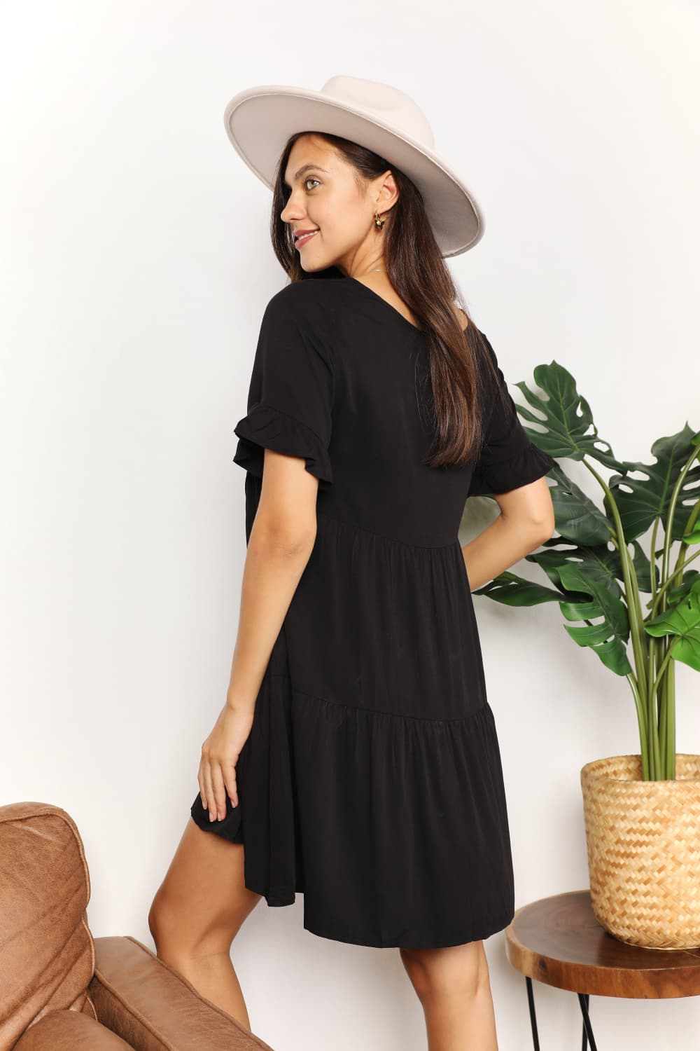 Mandy V - Neck Flounce Sleeve Tiered Dress - JUST - JEN BOUTIQUE
