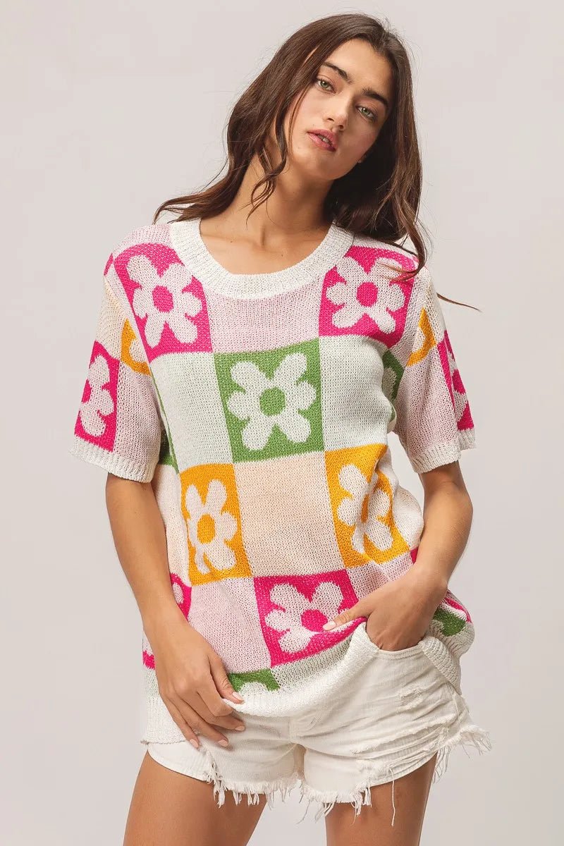 BiBi Flower Checker Pattern Lightweight Sweater Top - JUST - JEN BOUTIQUE