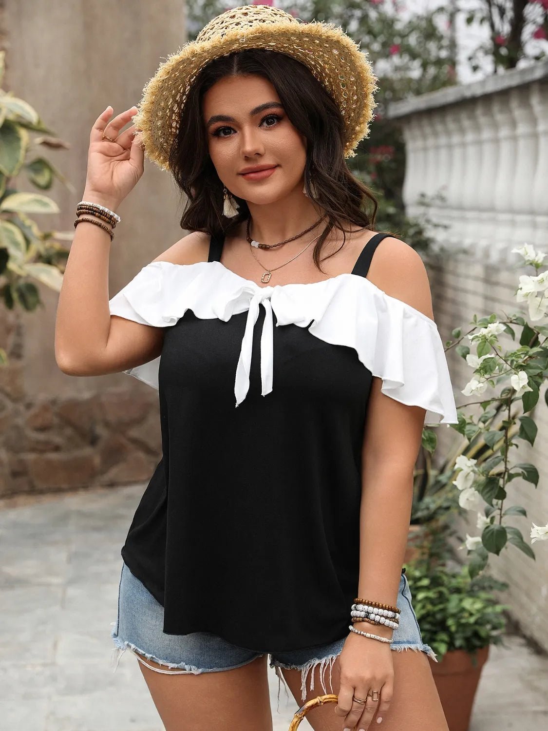 Plus Size Ruffled Contrast Short Sleeve Blouse - JUST - JEN BOUTIQUE