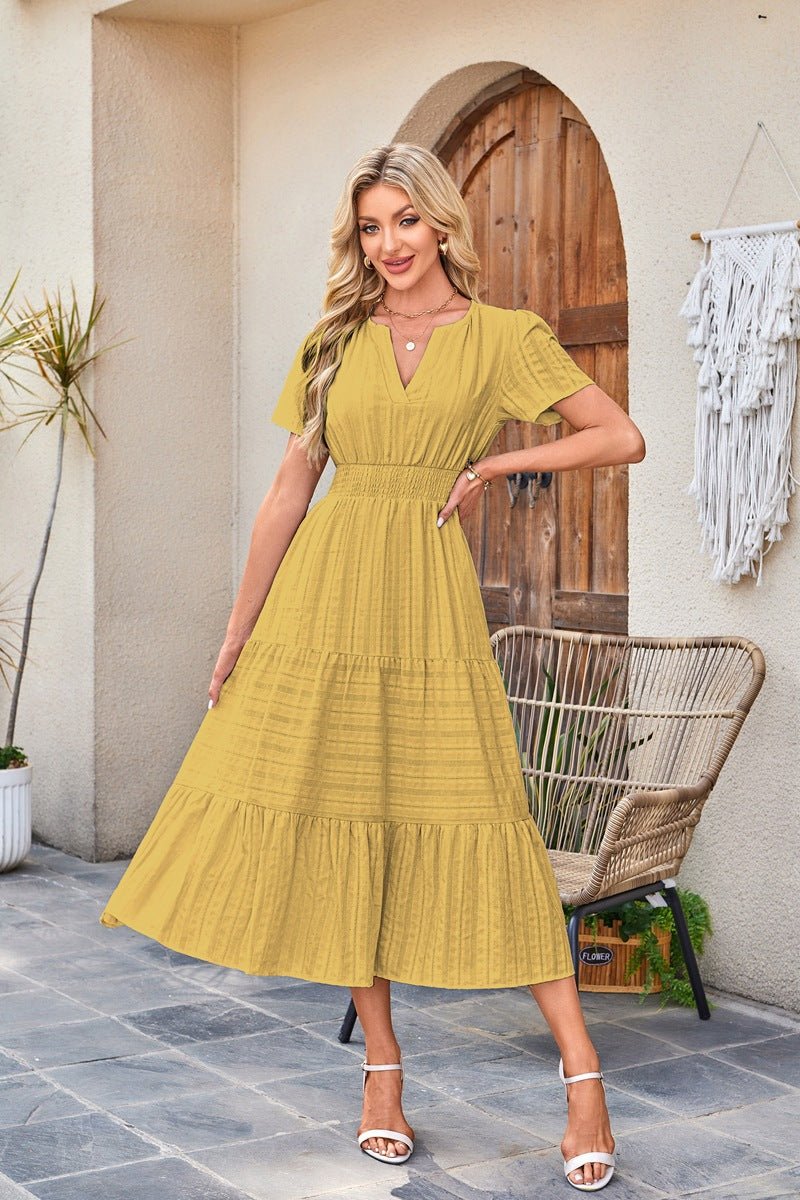 V - neck pleated bubble sleeves large swing short sleeved dress - JUST - JEN BOUTIQUE