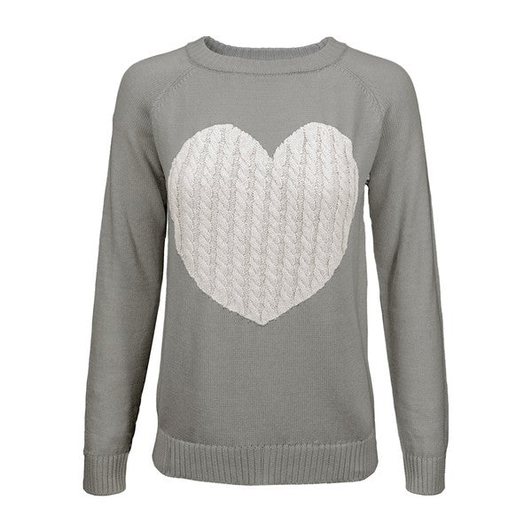 Love Heart Jacquard Round Neck Pullover Sweater