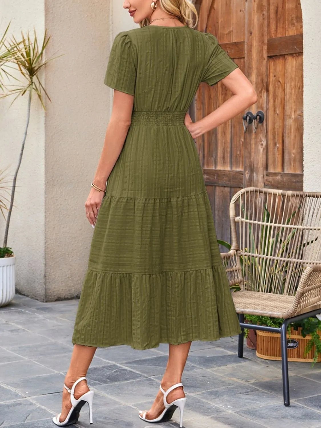 Tiered Notched Short Sleeve Dress - JUST - JEN BOUTIQUE