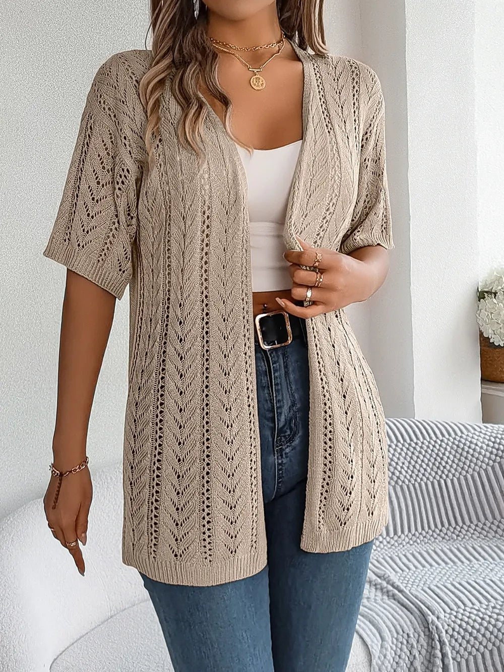Openwork Open Front Half Sleeve Cardigan - JUST - JEN BOUTIQUE