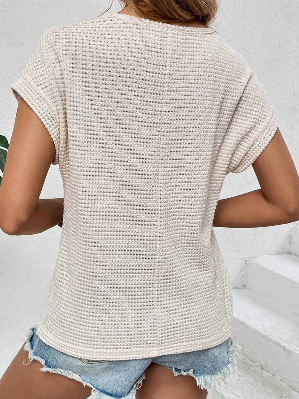 Waffle - Knit Round Neck Short Sleeve Top - JUST - JEN BOUTIQUE