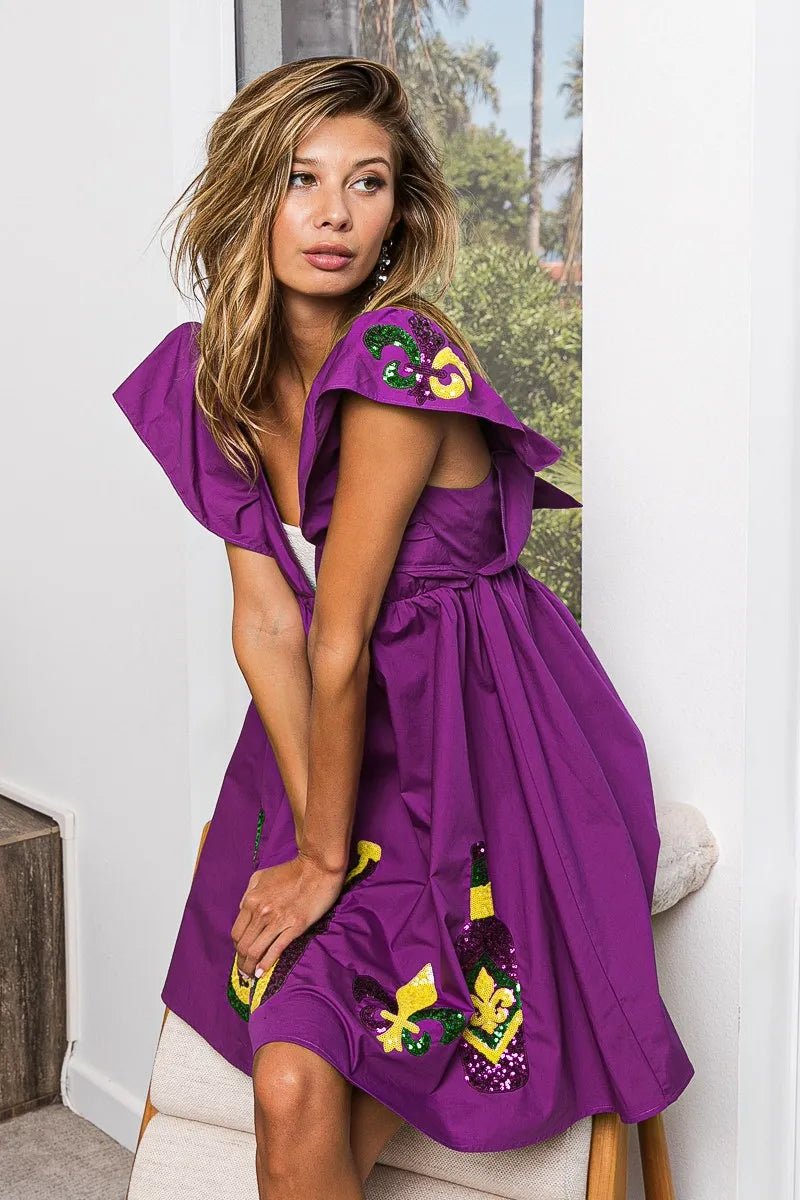 BiBi Mardi Gras Sequin Embroidery Ruffled Dress - JUST - JEN BOUTIQUE