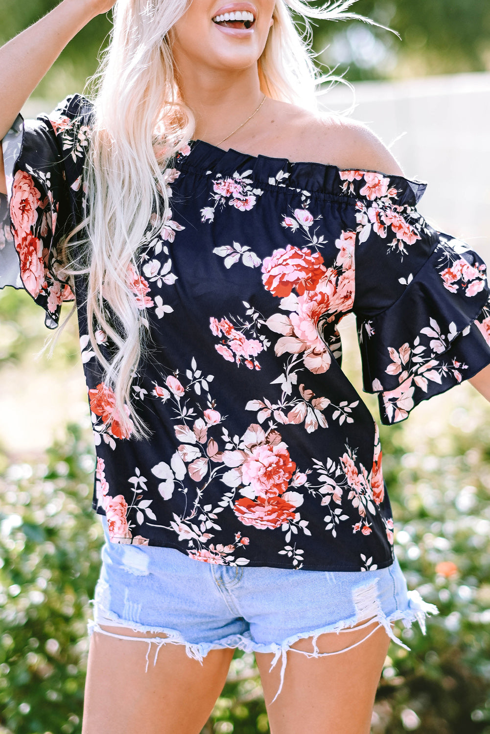 Blue Ruffle Off Shoulder Flounce Sleeve Floral Blouse